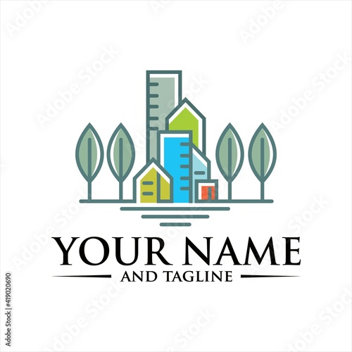Abstract green city building logo design concept. Symbol icon of residential, apartment and city landscape.