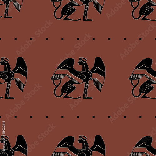 Seamless ethnic pattern with fantastic winged sphinxes. Ancient Greek vase painting motif.