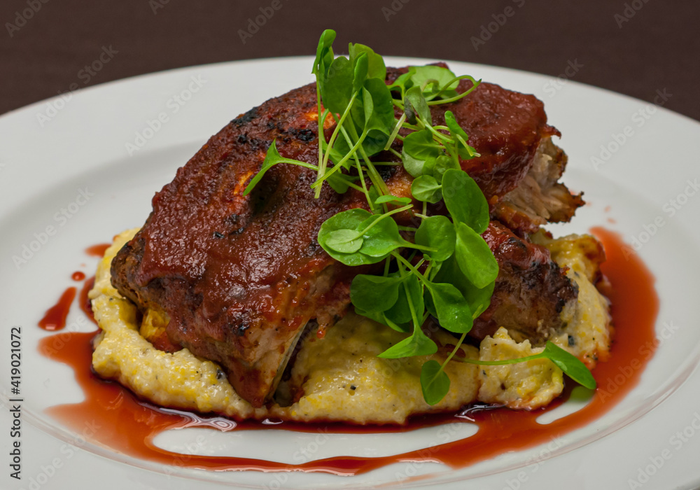 Baby Back Ribs, Cherry BBQ Sauce, Roasted Polenta