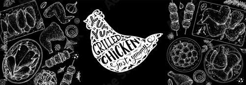 Chicken dinner. Grilled and Fried chicken. Hand drawn sketch illustration. Grilled chicken meat top view frame. Vector illustration. Engraved design. Restaurant menu design template.
