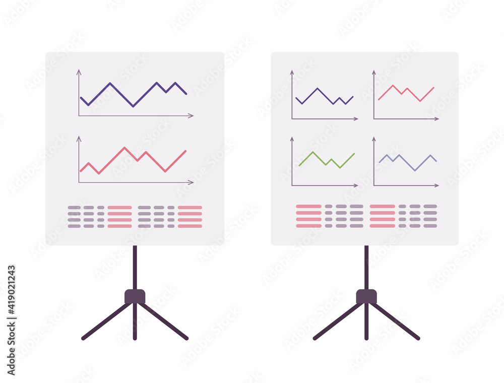 Stand white board with graph, diagram, tripod for office, classroom. Teaching, meeting or business training writing equipment. Vector flat style cartoon illustration isolated on white background Stand white board with graph, diagram, tripod for office, classroom. Teaching, meeting or business training writing equipment. Vector flat style cartoon illustration isolated on white background