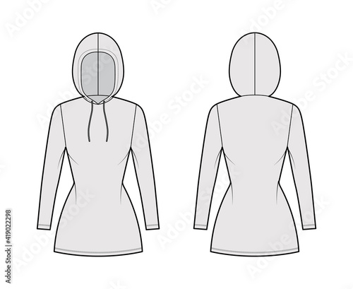 Hoody dress technical fashion illustration with long sleeves, mini length, fitted body, Pencil fullness. Flat apparel sweater template front, back, grey color style. Women, men, unisex CAD mockup