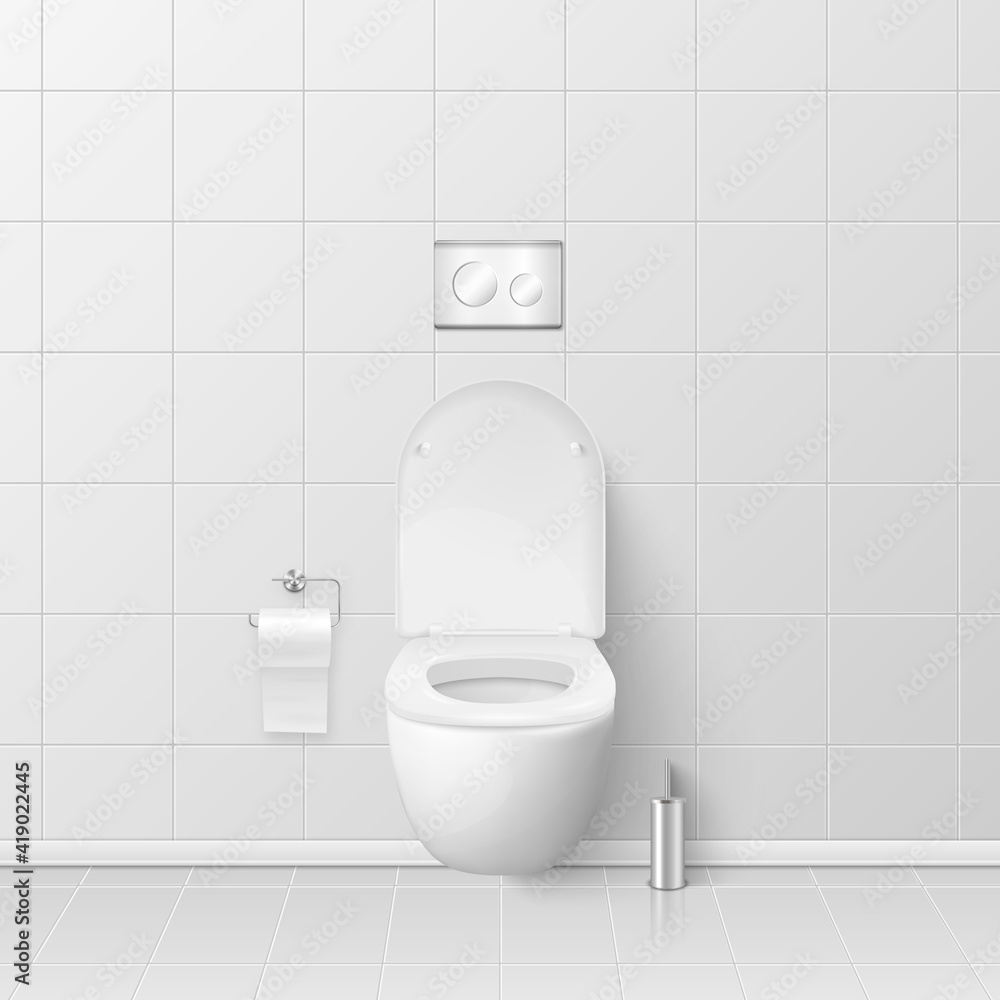 Vector 3d Realistic White Ceramic Toilet in the Bathroom, Toilet Room. Opened Toilet Bowl with Lid. Plumbing, Mockup, Design Template for Interior, Cleaning, Hygiene Concept. Front View Vector 3d Realistic White Ceramic Toilet in the Bathroom, Toilet Room. Opened Toilet Bowl with Lid. Plumbing, Mockup, Design Template for Interior, Cleaning, Hygiene Concept. Front View