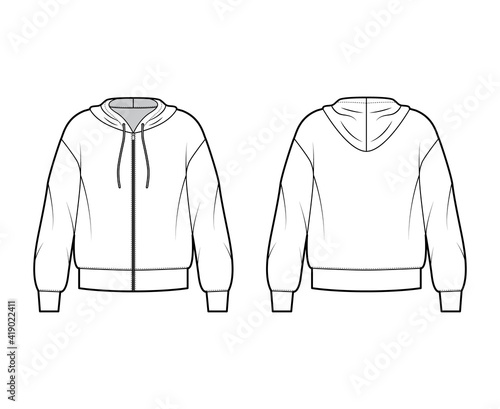 Zip-up Hoody sweatshirt technical fashion illustration with long sleeves, oversized body, banded hem, cuff. Flat large apparel template front, back, white color style. Women, men, unisex CAD mockup