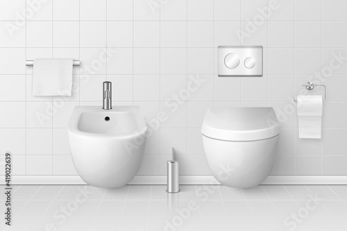 Vector 3d Realistic White Ceramic Toilet, Bidet in the Bathroom, Toilet Room. Closed Toilet Bowl with Lid. Plumbing, Mockup, Design Template for Interior, Cleaning, Hygiene Concept. Front View