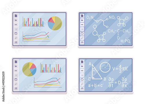 Interactive white board, smartboard learning and presentation set. Home, office and school supplies, touchscreen computer equipment. Vector flat style cartoon illustration isolated on white background