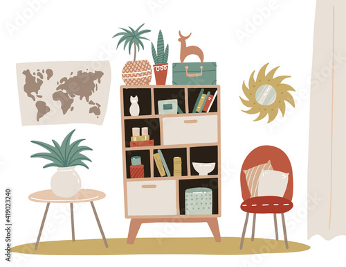 Home interior design, furniture living room or hallway. Isolated bookcase with shelves and decorative flowers in pot. Soft chair with pillows, map, mirror. Scandinavian minimalist flat vector design.