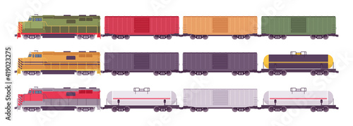 Rail Freight train, cargo or goods industrial set. Powerful bright color railroad engine transporting heavy wagons, logistics. Vector flat style cartoon illustration isolated on white background