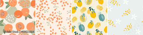 Set of artistic seamless pattern with abstract colors, simple shapes, leaves, lemons and peaches in yellow and blue, orange colors. Vector illustration.