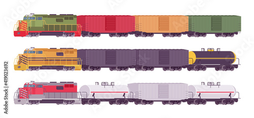 Rail Freight train set, goods wagons on railway transporting cargo. Varied color railroad shipper, heavy rail carrier. Vector flat style cartoon illustration isolated on white background