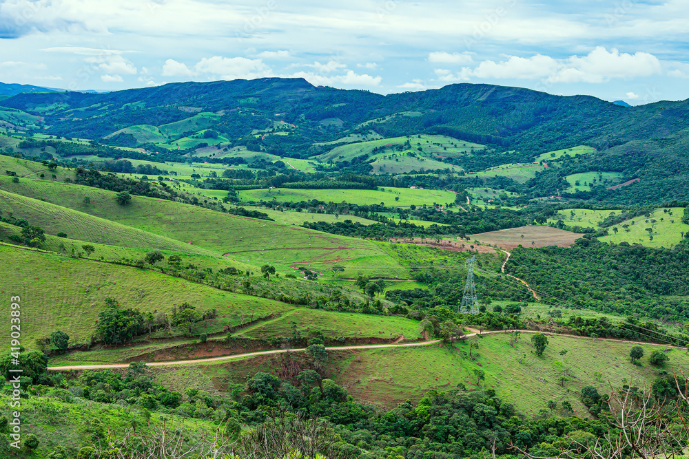 Countryside landscape of farms at mountains and rural roads of Capitólio - MG, Minas Gerais state, Brazil. 
