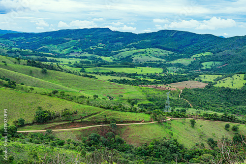 Countryside landscape of farms at mountains and rural roads of Capitólio - MG, Minas Gerais state, Brazil. 