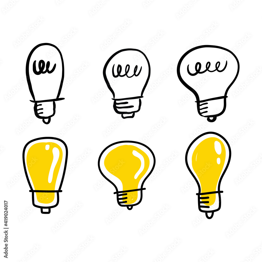 Light bulb doodle collection. Set of hand drawn electric lamp. Symbol of idea, innovation and solution. Light bulb doodle collection. Set of hand drawn electric lamp. Symbol of idea, innovation and solution.