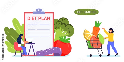 Diet plan vector website template Tiny people nutritionist and diet plan checklist with vegetables and fruit Vegan diet programs Healthy eating concept