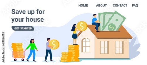 Saving to buy a house or home savings vector illustration concept Planning savings money to buy a home Real estate or property investment Mortgage concept House loan or money investment to real estate