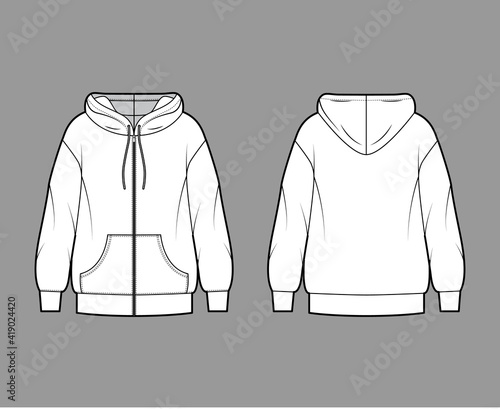 Zip-up Hoody sweatshirt technical fashion illustration with long sleeves, oversized body, kangaroo pouch, banded hem. Flat apparel template front, back, white color style. Women, men unisex CAD mockup