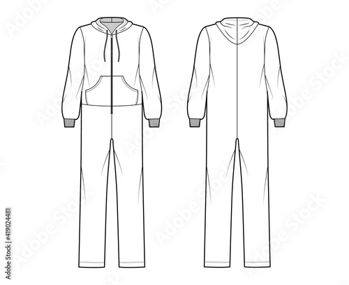 Onesie overall jumpsuit sleepwear technical fashion illustration with full length, oversized, hood, zipper closure, kangaroo pouch. Flat Dungaree front back, white color. Women, men unisex CAD mockup