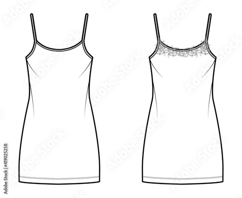 Set of Chemise dresses Sleepwear Pajama technical fashion illustration with mini length, lace, oversized, scoop neck cami, trapeze silhouette. Flat front white color style. Women men unisex CAD mockup