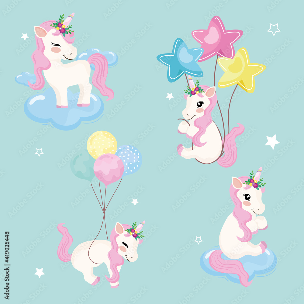 Obraz premium four baby unicorns magic icons