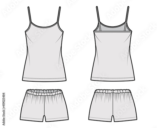 Camisole Pajama short Sleepwear technical fashion illustration with scoop neck cami, mini length, oversized, low elastic waist. Flat apparel front back, grey color style. Women, men unisex CAD mockup