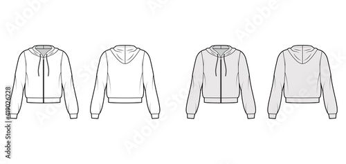 Zip-up Hoody sweatshirt technical fashion illustration with long sleeves, relax body, banded hem, cuff, drawstring. Flat template front, back, white, grey color style. Women, men, unisex CAD mockup