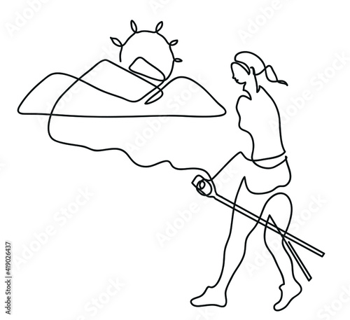 One line drawing of nordic walking.
One continuous line drawing of middle-aged woman training on beach.