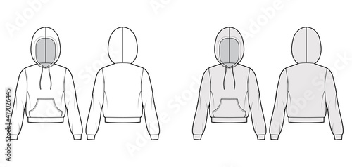 Hoody sweatshirt technical fashion illustration with long sleeves, relax body, kangaroo pouch, banded hem, drawstring. Flat apparel template front, back, white, grey color. Women, unisex CAD mockup