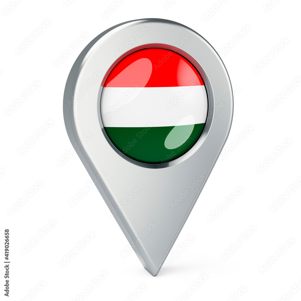 Map pointer with flag of Hungary, 3D rendering Map pointer with flag of Hungary, 3D rendering
