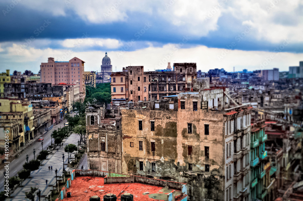 panorama with storm clouds over the old town of the city - Havana Vieja, Cuba