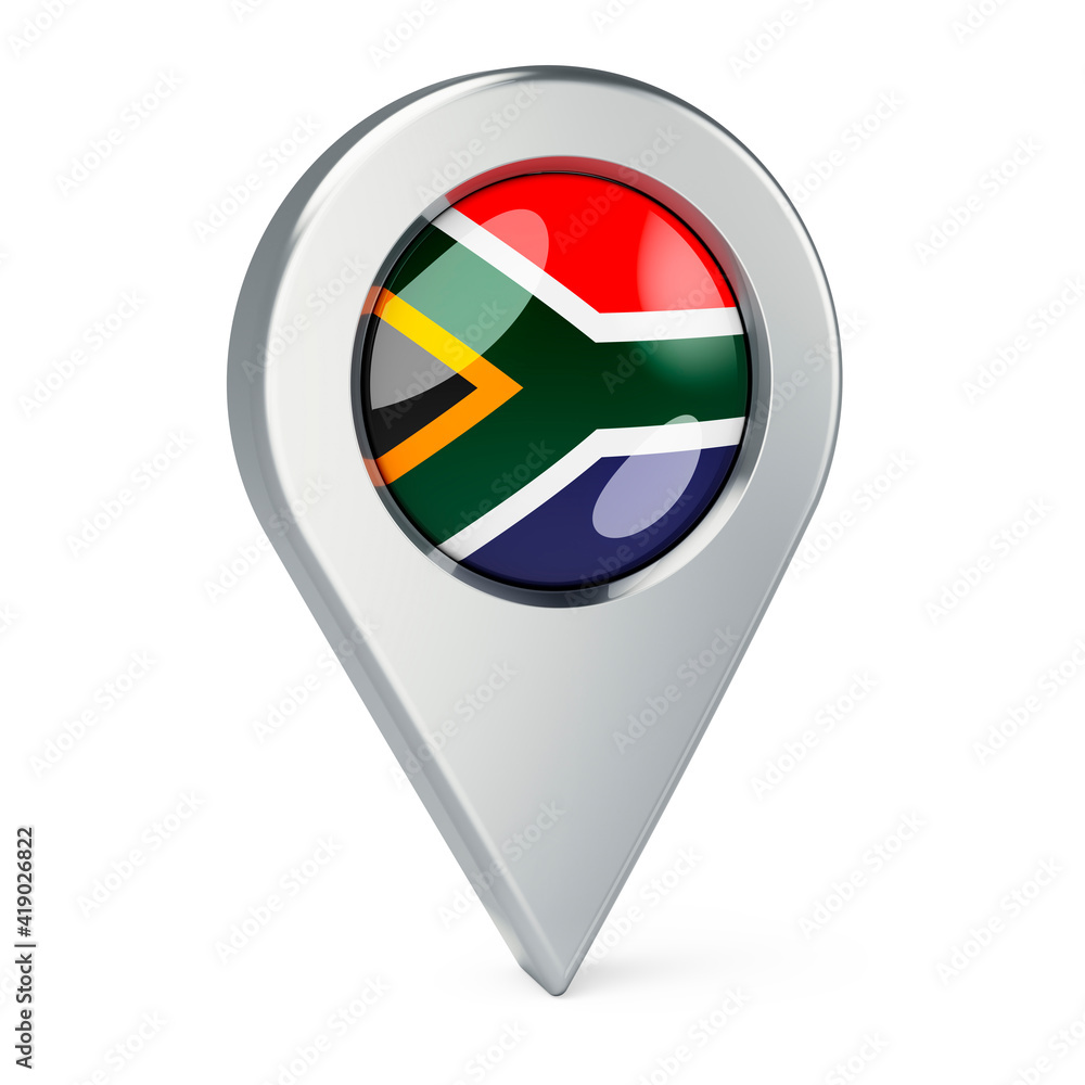 Map pointer with flag of South Africa, 3D rendering