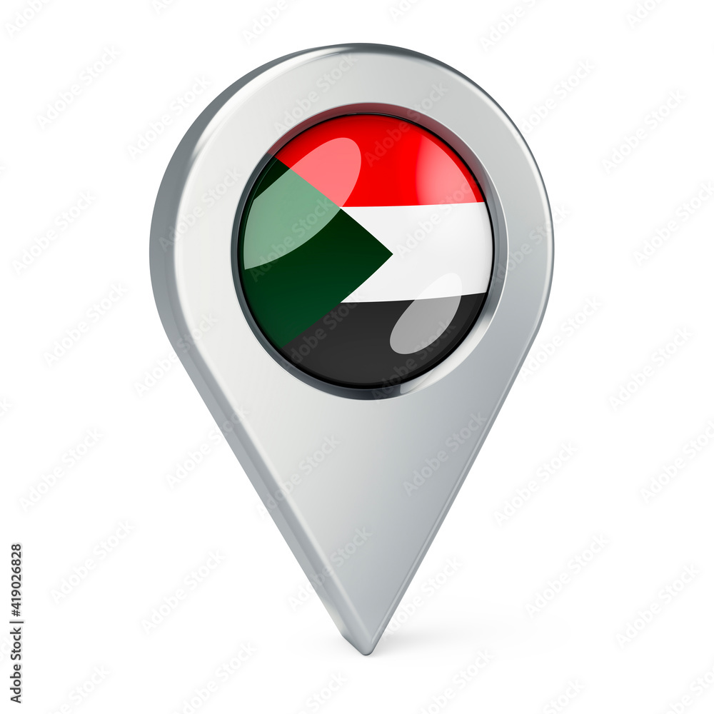 Map pointer with flag of Sudan, 3D rendering Map pointer with flag of Sudan, 3D rendering