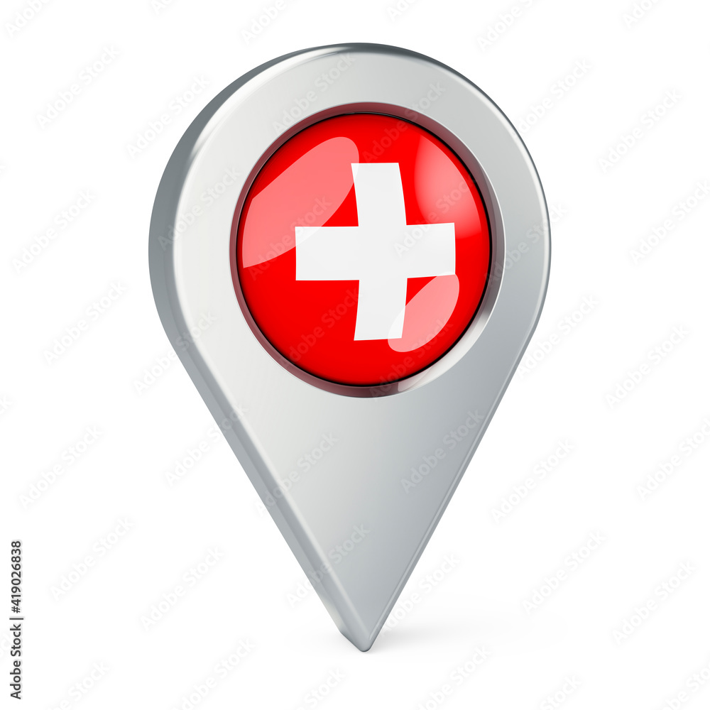 Fototapeta premium Map pointer with flag of Switzerland, 3D rendering