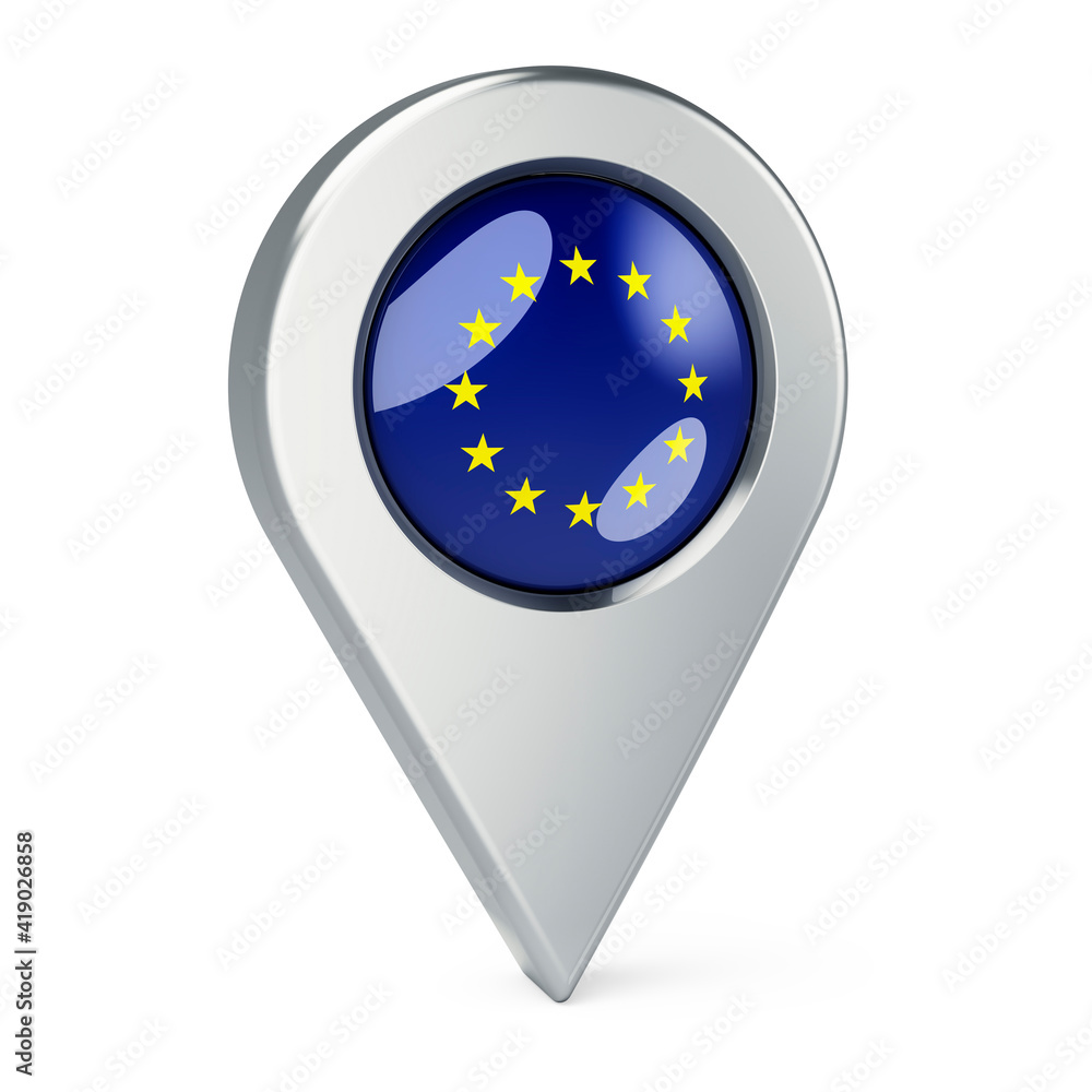 Map pointer with flag of the European Union, 3D rendering Map pointer with flag of the European Union, 3D rendering