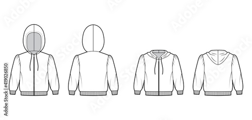 Set of Zip-up Hoody sweatshirt technical fashion illustration with elbow sleeves, relax body, knit rib cuff, banded hem. Flat apparel template front, back, white color. Women, men, unisex CAD mockup