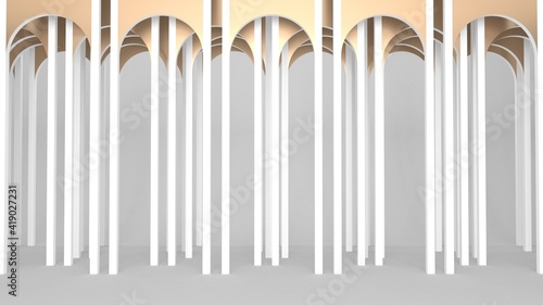 Round gold and white arches. Art Deco interior. 3d render.