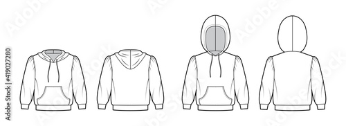 Set of Hoody sweatshirt technical fashion illustration with elbow sleeves, relax body, kangaroo pouch, banded hem, drawstring. Flat apparel template front, back, white color. Women, unisex CAD mockup