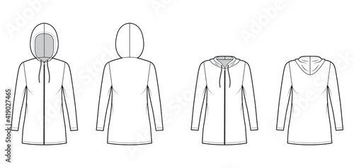 Set of Zip-up Hoody dresses technical fashion illustration with long sleeves, mini length, oversized body, Pencil fullness. Flat apparel template front, back, white color. Women, men unisex CAD mockup