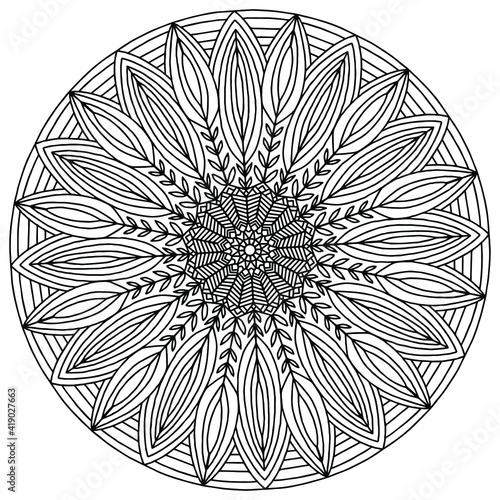 drawn mandala with abstract flower-shaped ornaments for coloring on a white background, vector, coloring book pages