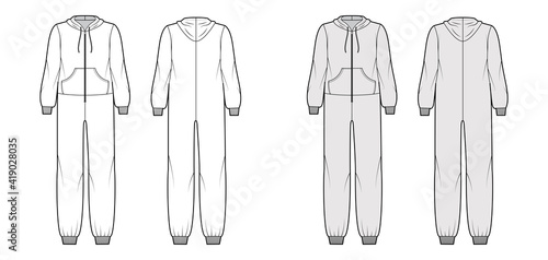 Onesie overall jumpsuit sleepwear technical fashion illustration with full length, hood, zipper closure, kangaroo pouch. Flat Dungaree front back, white, grey color style. Women, men unisex CAD mockup