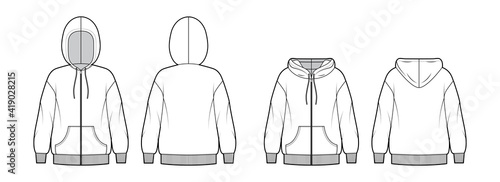 Set of Zip-up Hoody sweatshirt technical fashion illustration with long sleeves, oversized body, kangaroo pouch, knit rib cuff. Flat template front, back, white color. Women, men, unisex CAD mockup