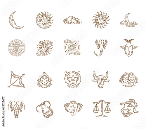twenty zodiac symbols set icons