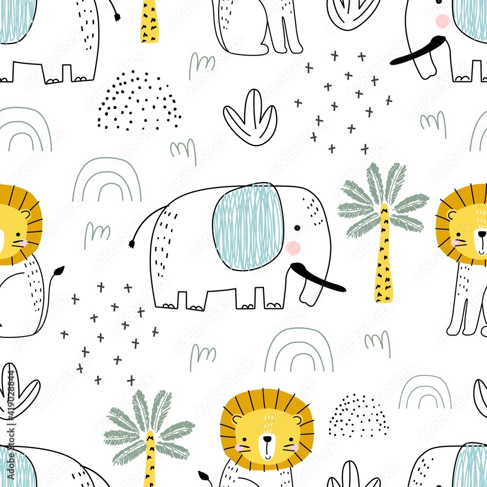 Seamless safari pattern with lion cub and elephant, cactus and palm trees on white background. Vector illustration for printing on packaging paper, fabric, postcard, clothing. 