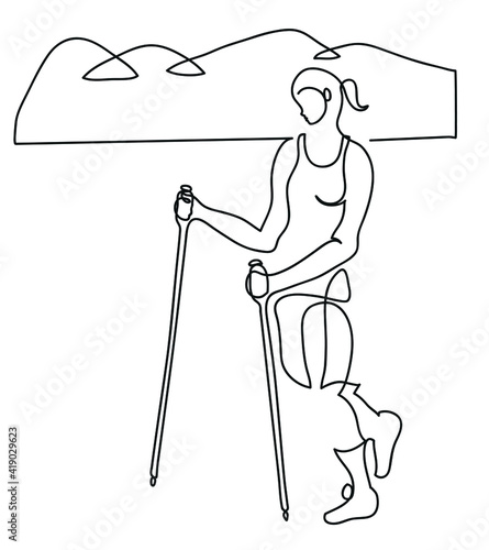One line drawing of nordic walking.
One continuous line drawing of middle-aged woman training on beach.
