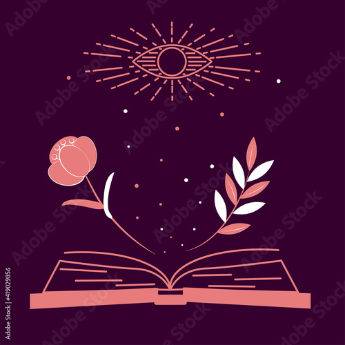 Illustration of spiritual session. Set of magic items, magic book about  and love. Opening third eye of soul. Vector drawing in outline style for design of tarot cards, social networks, groups.