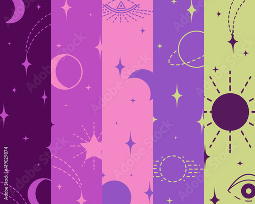 Pattern with elements, signs of esotericism, connection of celestial bodies, stars with fate of person. Background from multicolored stripes. Vector illustration for design of horoscopes, social pages