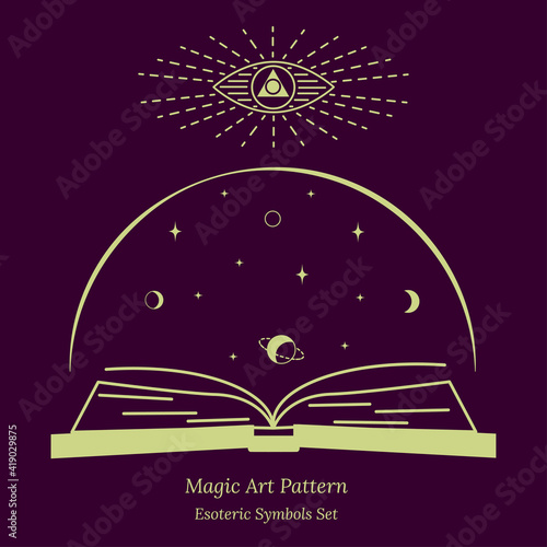 Illustration of spiritual session. Magic book about magic, connection of stars, planets with destiny. Opening third eye of soul. Vector drawing in outline style for design of tarot cards, social pages