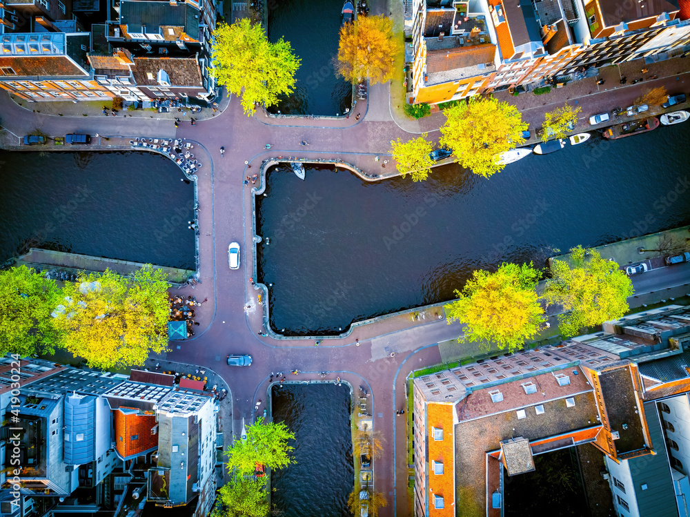 Aerial view of Amsterdam after sunset, Netherlands