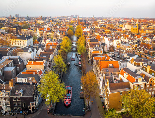 Canvas Print Aerial view of Amsterdam after sunset, Netherlands