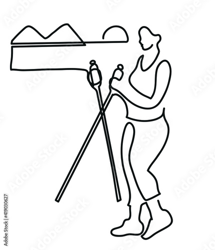 One line drawing of nordic walking.
One continuous line drawing of middle-aged woman training on beach.
