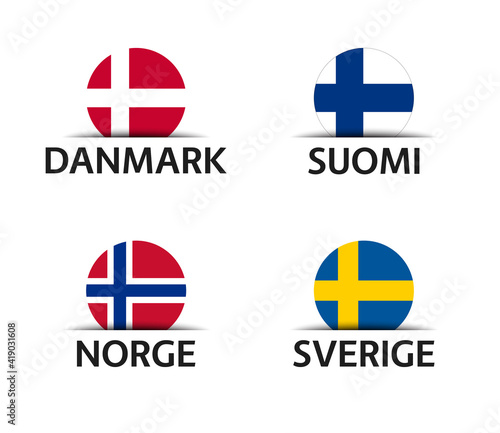Denmark, Finland, Norway and Sweden. Set of four Danish, Finnish, Norwegian and Swedish stickers. Simple icons with flags isolated on a white background